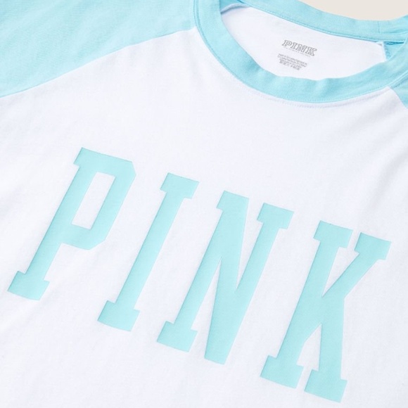 Victoria's Secret PINK Campus Baseball Tee Blue Breeze ColorBlock Large  NEW - Picture 2 of 3